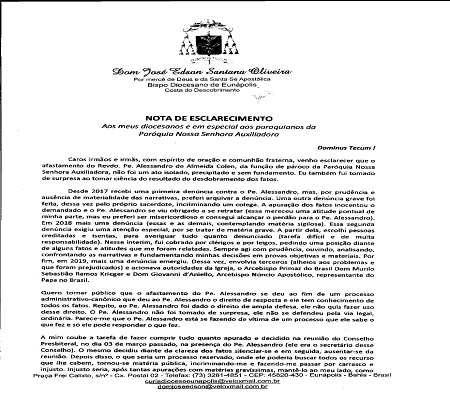 “Padre Alessandro está se fazendo de vítima de um processo em que ele sabe o que fez”, afirma Dom José Edson 6
